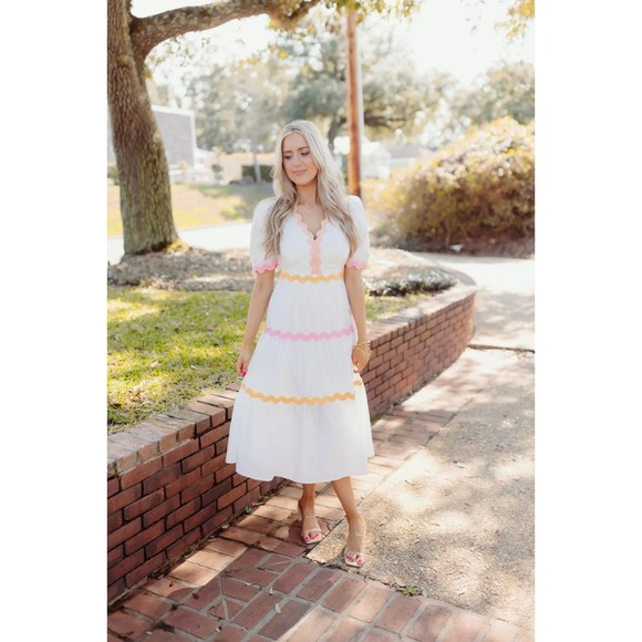 entro Dresses & Skirts - Entro Rainbow Stripe‎ Puff Sleeve Midi Dress Size L Tiered Boho Beach V Neck